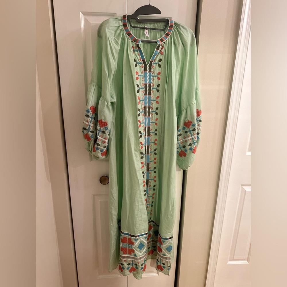 Ethnic Boho Chic Embroidered Maxi Dress | Green Floral Folk Aesthetic Size L - Picture 3 of 9